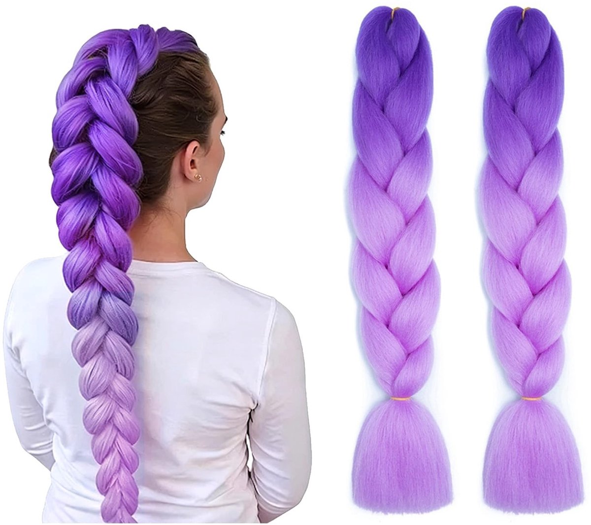 Dailygoods- Haarextensies 60 cm - Kleurverloop Paarse Vlechten - Kunsthaar - Haarverlenging - Cosplay - Halloween-party - 2 Stuks - Vlechtextensions