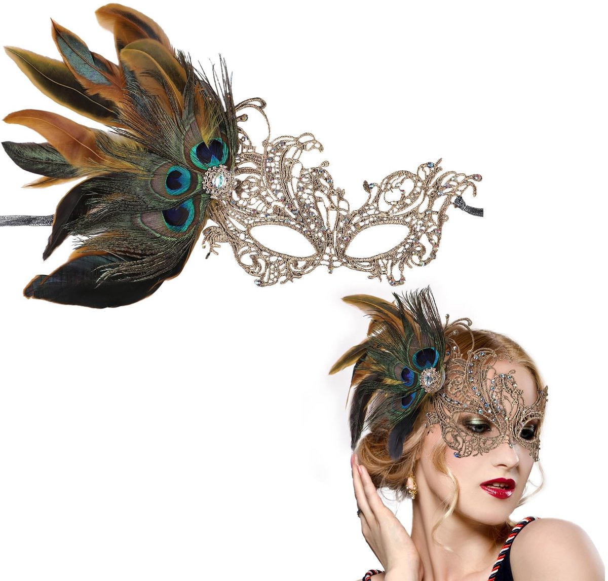 Dailygoods- Masker 1920 Pauwenveren - Kantmasker - Verwijderbare Veren - Lichtgewicht - Duurzaam - Comfortabel Ontwerp - Feestmasker