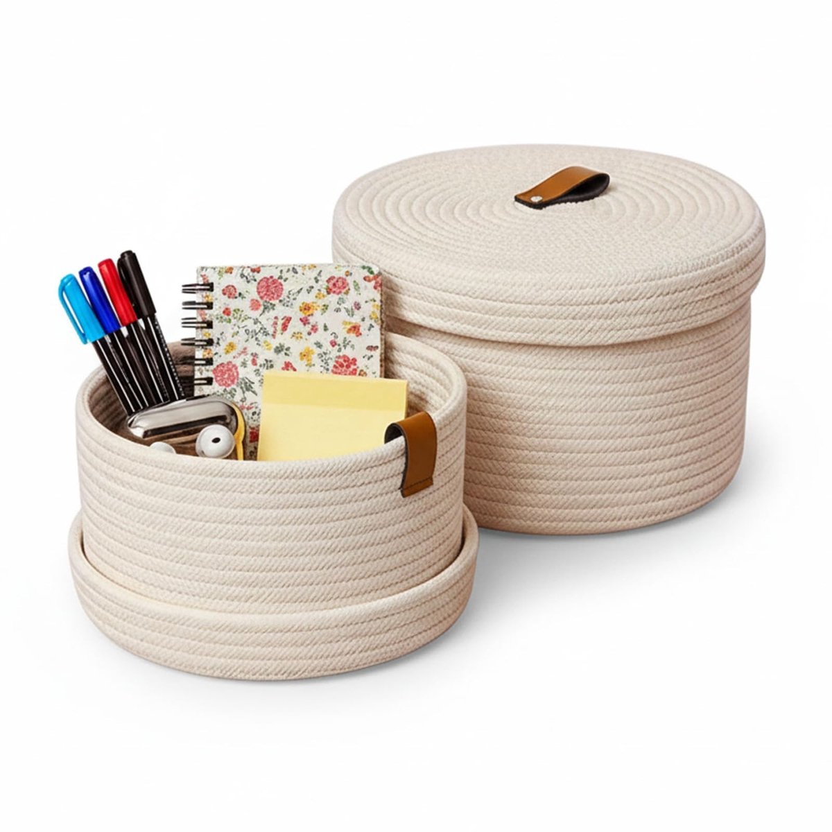 Dailygoods- Opbergmand Met Deksel - Gevlochten Katoenen Mand - Multifunctionele Organizer - Wasbare Decoratieve Mand - Handvat - Set Van 2 - Opbergdoos