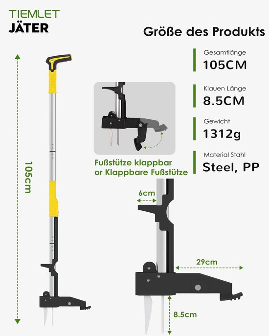 Dailygoods- Onkruidjager met lange steel - Onkruidverwijderaar - Onkruidsteker - Roestvrij staal - 4 klauwen - 110 cm, breed voetpedaal van Dailygoods — afbeelding 3