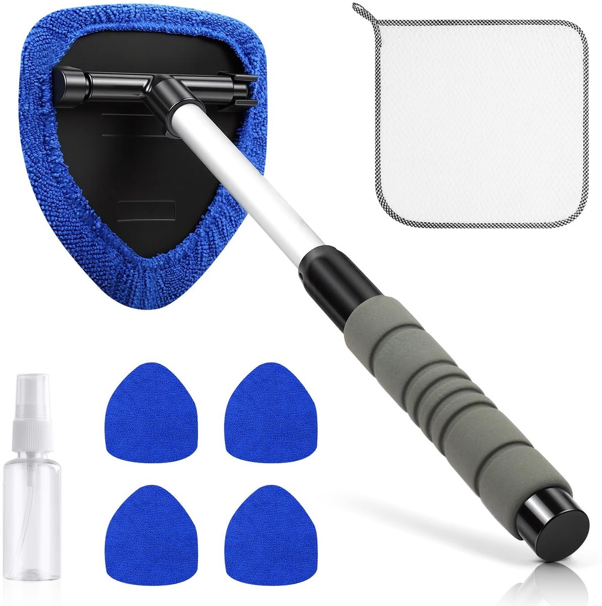 Dailygoods- Autoruitenreinigerborstel 8-Delige Set - Lange Steel - Wasbare Microvezelpads - Lichtgewicht - Ergonomisch Ontwerp - Multifunctioneel - Ruitenschoonmaker
