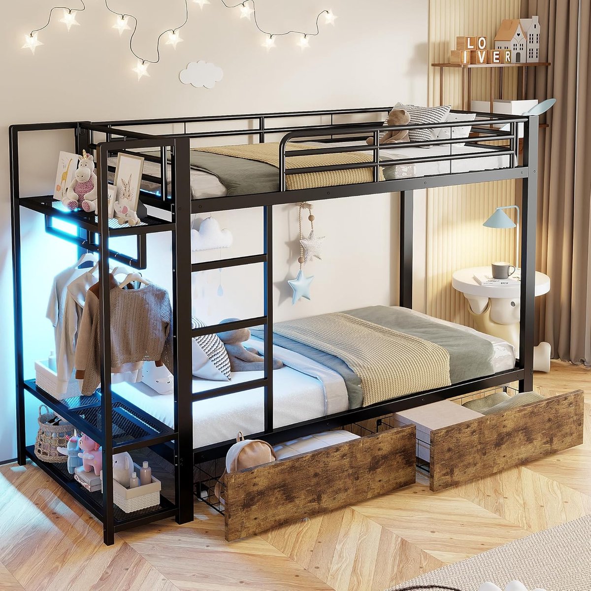 Stapelbed - IJzeren Frame - Kinderkamer Inrichten - Met LED-strip - 90x200cm - Zwart