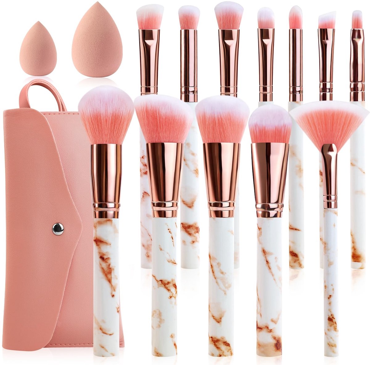 Solidchoice- Make-upkwastenset 12-delig - Professionele Roze Marmeren Borstels - Mengsponzen - Reiszakje - Veganistisch - Luxe Handgrepen - Make-upborstels