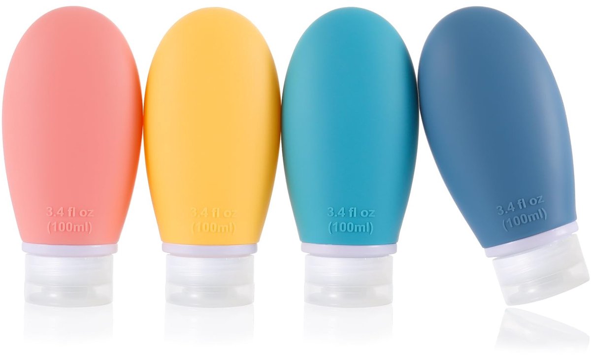 Dailygoods- Reisflessen 4 stuks 100 ml - Lekvrij ontwerp - Draagbare siliconen flessen - BPA-vrij - Perfect voor toiletartikelen - Knijpbaar en hervulbaar - Toilettas