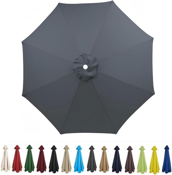 Donkergrijs achthoekig parasoldoek, met onderaan een rij van verschillende gekleurde parasoldoeken.