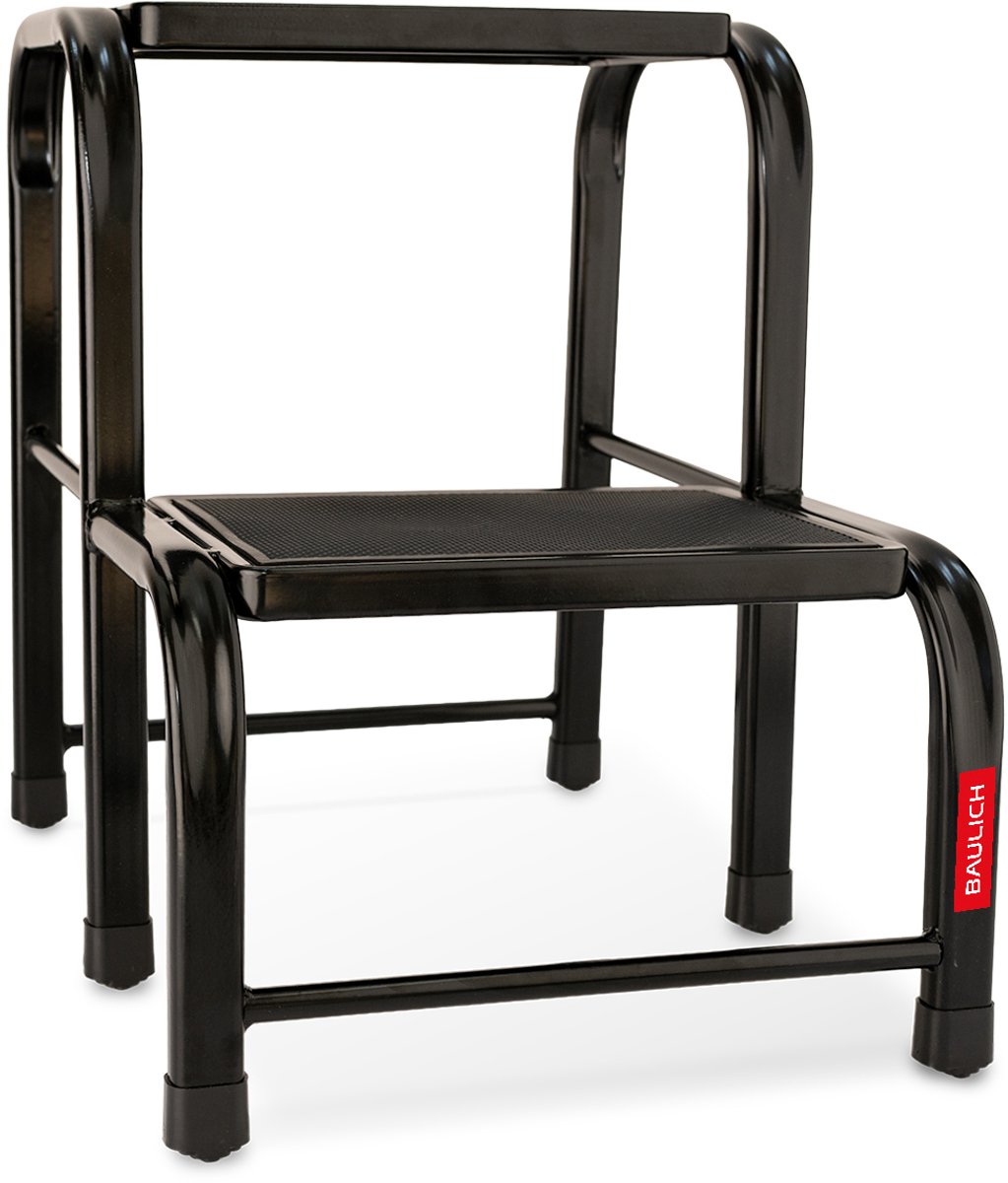 Baulich Stalen opstapkruk met 2 treden - zwart, antislip platform, draagvermogen 150 kg, werkhoogte 2,46 m, compact voor thuis en kantoor
