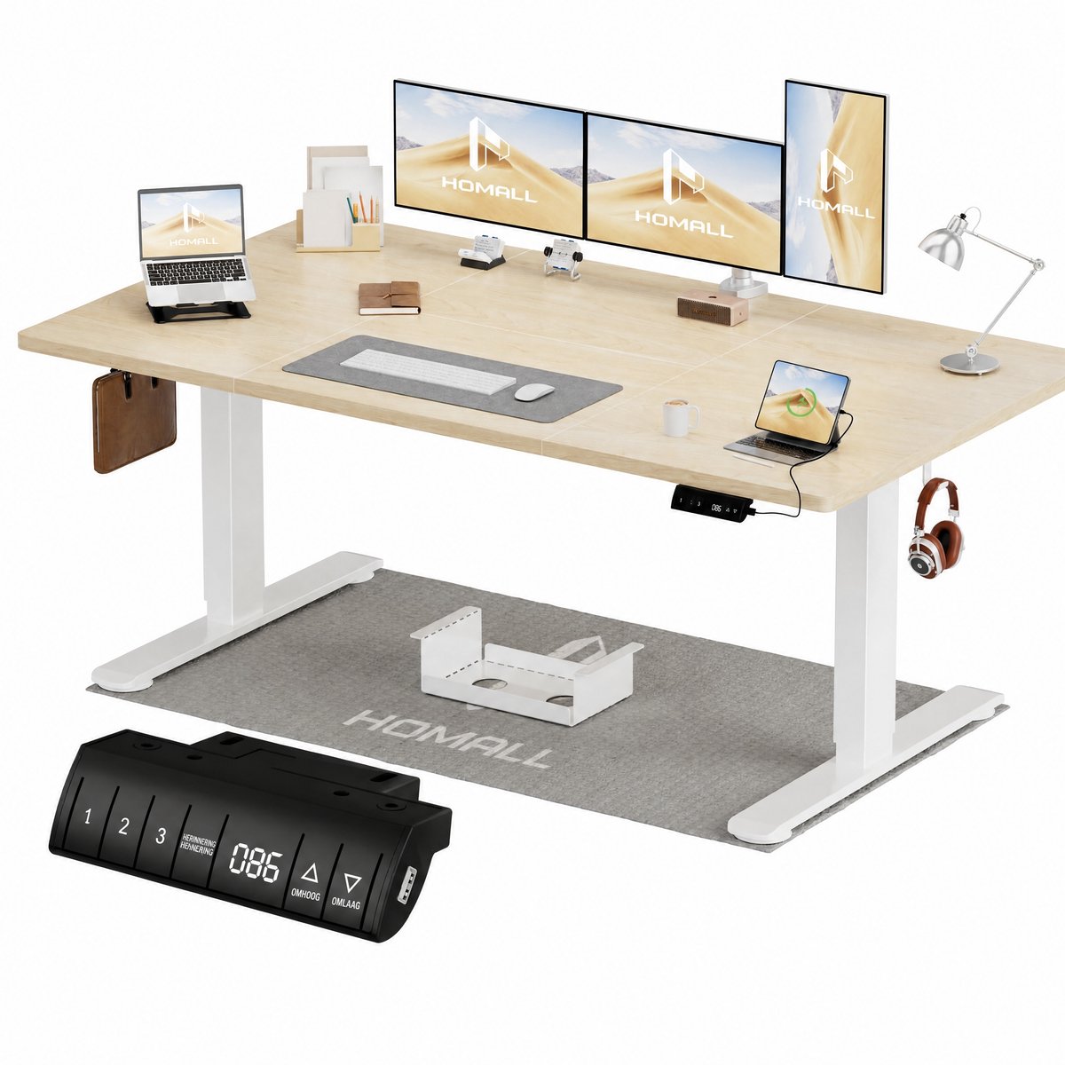 Devoko Elektrisch Zit-Sta Bureau 160x80 cm – 18 mm Dik Tafelblad – 3 Geheugenstanden – USB en Zit-alarm – Kabelmanagement – Wit frame met houtkleurig blad
