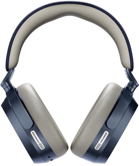 Donkerblauwe koptelefoon met beige oorkussens en hoofdband.