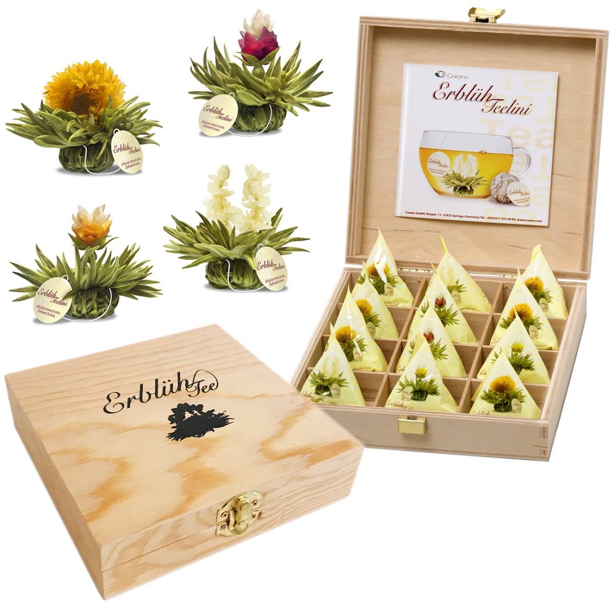 Creano Teelini theebloemen in kopformaat, cadeauset in houten theekist, 12 ErblühTeelini in 4 soorten, witte thee, cadeau voor vrouwen, moeder, theeliefhebber