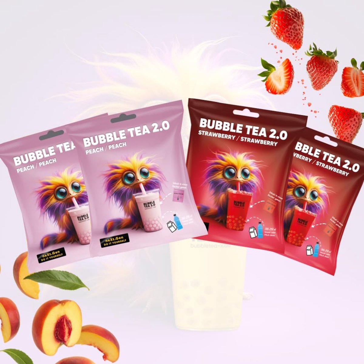 Dailygoods- Bubble Tea 2.0 Dubbele Fruitvariëteit - Aardbei/Perzik Popping Boba - Instant Bereiding - Recyclebaar - Rietjes Inclusief - Duurzaam Genot - Drankmix