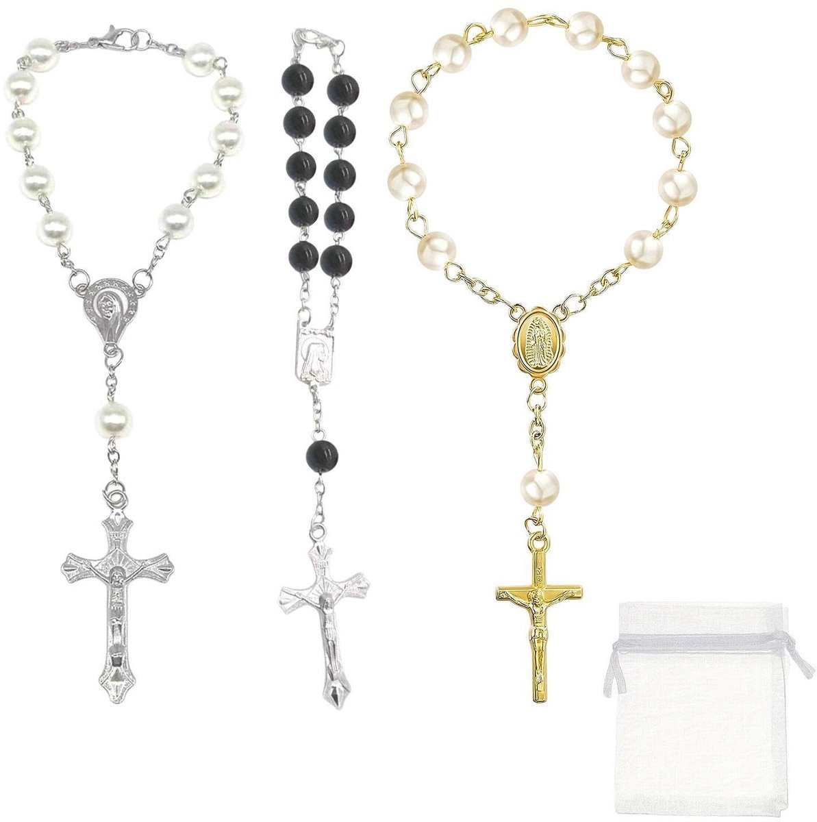 Dailygoods- Ketting 3 Stuks - Parel/Kruis Design - Opbergtas - Modieus - Geschikt Voor Diverse Gelegenheden - 18Cm*9Cm - Sieraad
