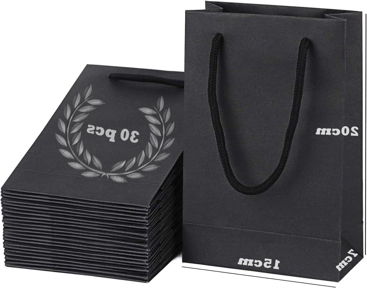 Set van 30 Zwarte Cadeautassen van Kraftpapier, 15 x 7 x 20 cm, Perfect voor Trouwen, Kerst en Feestelijke Gelegenheden