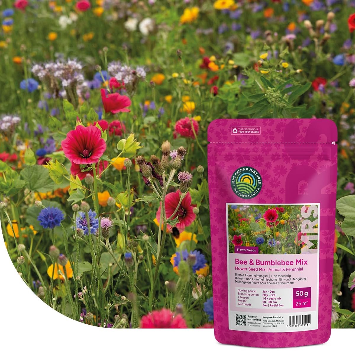 Dailygoods- Bloemenmengsel 250 gram voor 125 m² - Aantrekkelijk voor bijen/hommels - Mix van één- en meerjarige bloemen - 40 wilde bloemzaden - Kleurrijk bloementapijt - Zaadmengsel