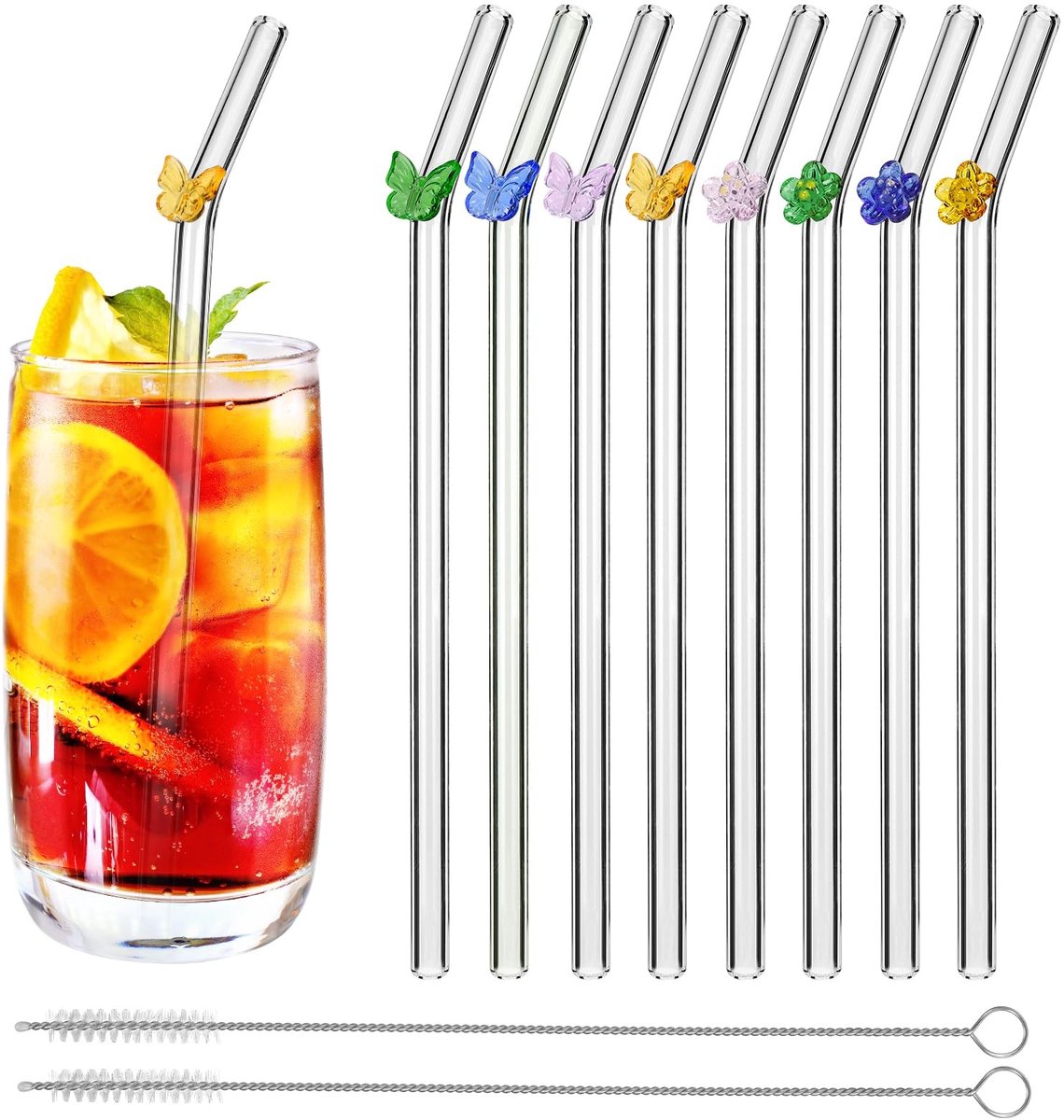 Dailygoods- Rietjes Herbruikbaar - Glazen Rietjes - 8 Stuks - Inclusief Reinigingsborstels - 29 cm - Perfect voor Koude/Warme Dranken - Drinkrietjes