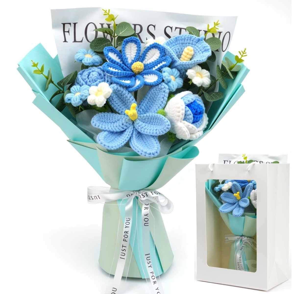 Dailygoods- Bloemenboeket Handgemaakt - Kunstmatige Bloemen - Gebreide Rozen - Kunstboeket - Bloemenarrangement - Blauw - Kunstbloemen