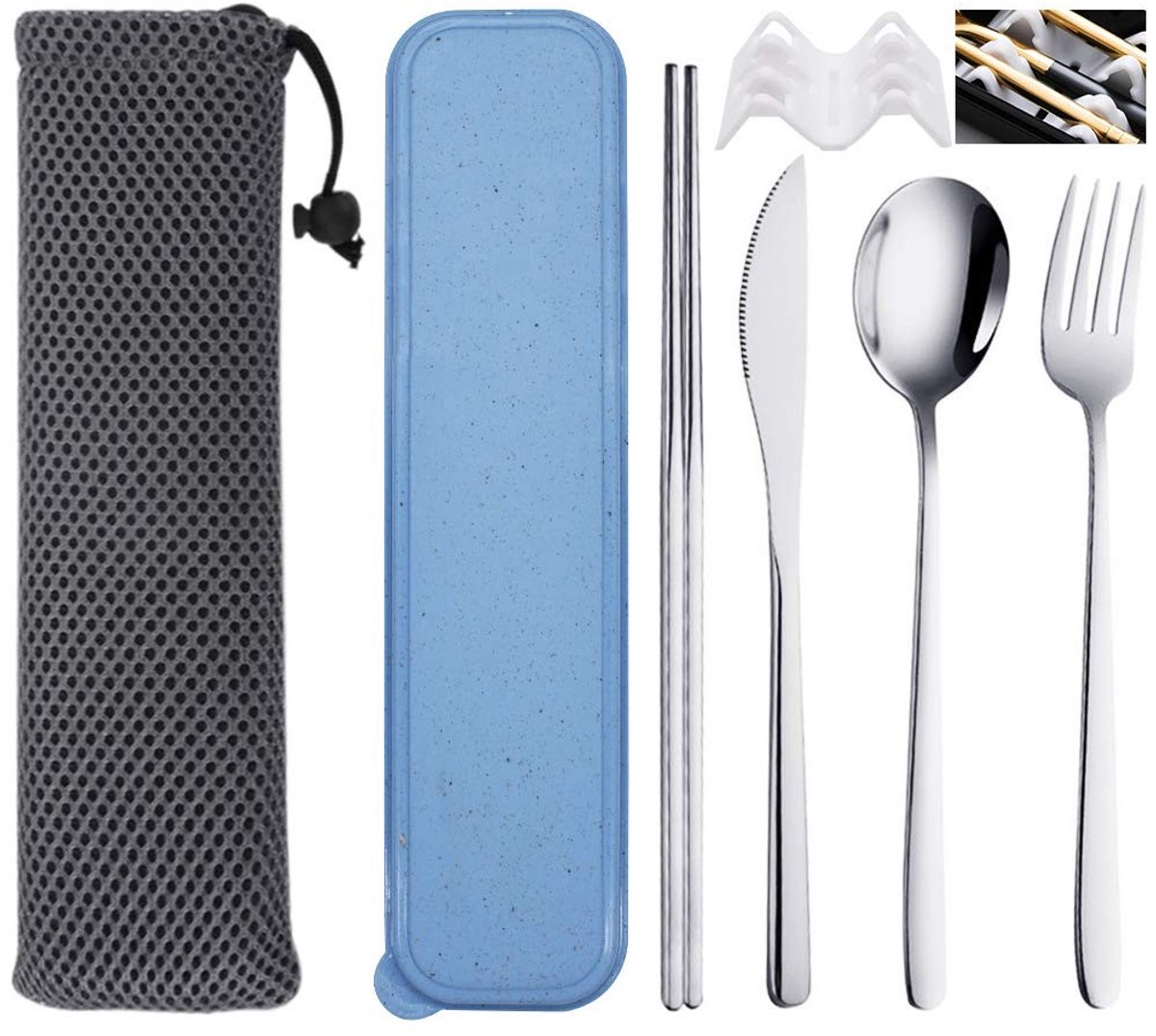 Dailygoods- Bestekset 4 Delig - Roestvrij Staal - Herbruikbaar - Opbergdoos - Eetstokjes - Ideaal voor Reizen - Eetgerei