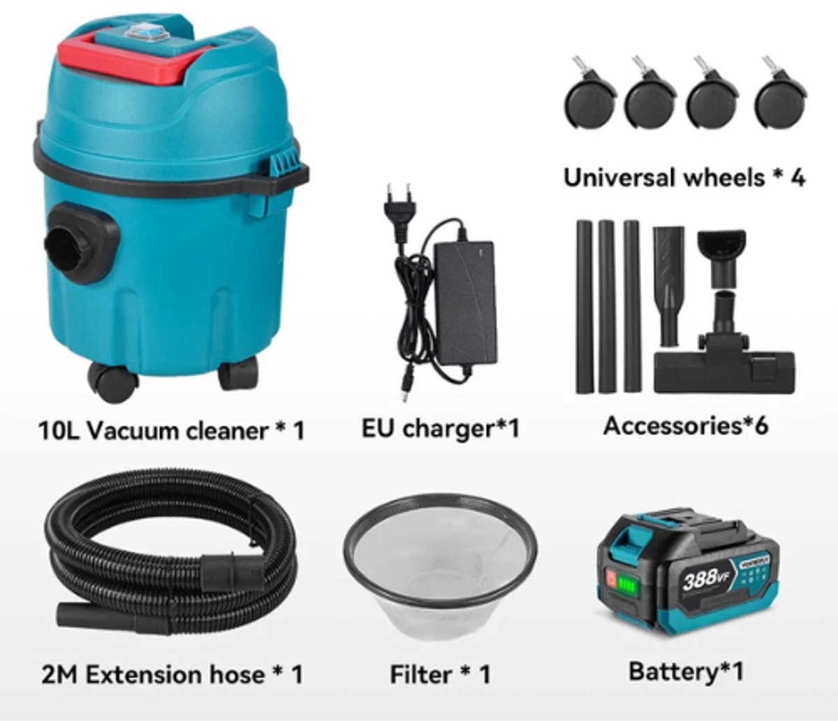 Cellista 3-in-1 Accu Nat & Droog Stofzuiger 35kPa - Draadloze Industriële Reiniger - 10L Tank - Auto & Huis Stofzuiger - 1 Accu Set