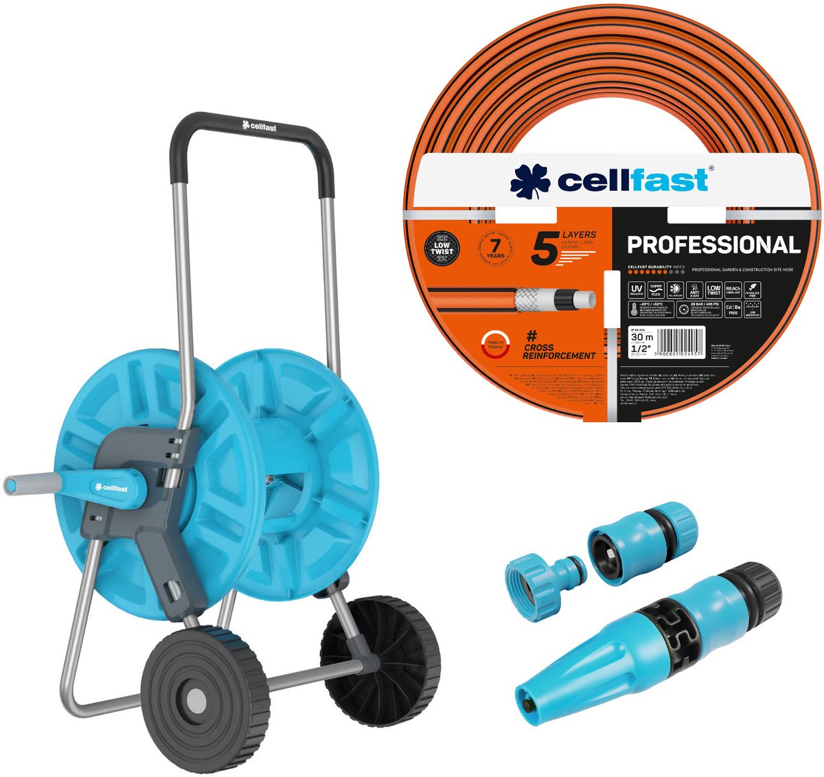 Cellfast Aluplus-slangwagen 1/2" 60 m + Cellfast-tuinslang, PROFESSIONAL 1/2" 30 m + Set met Cellfast Basic-sproeier 1/2"