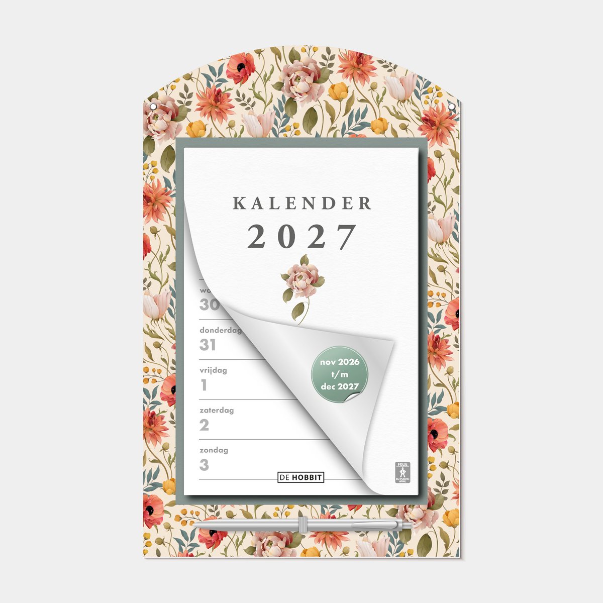 Hobbit - Weekscheurkalender 2027 - 1 week op 1 pagina - met pen en ophangkoord - Vintage Bloemen