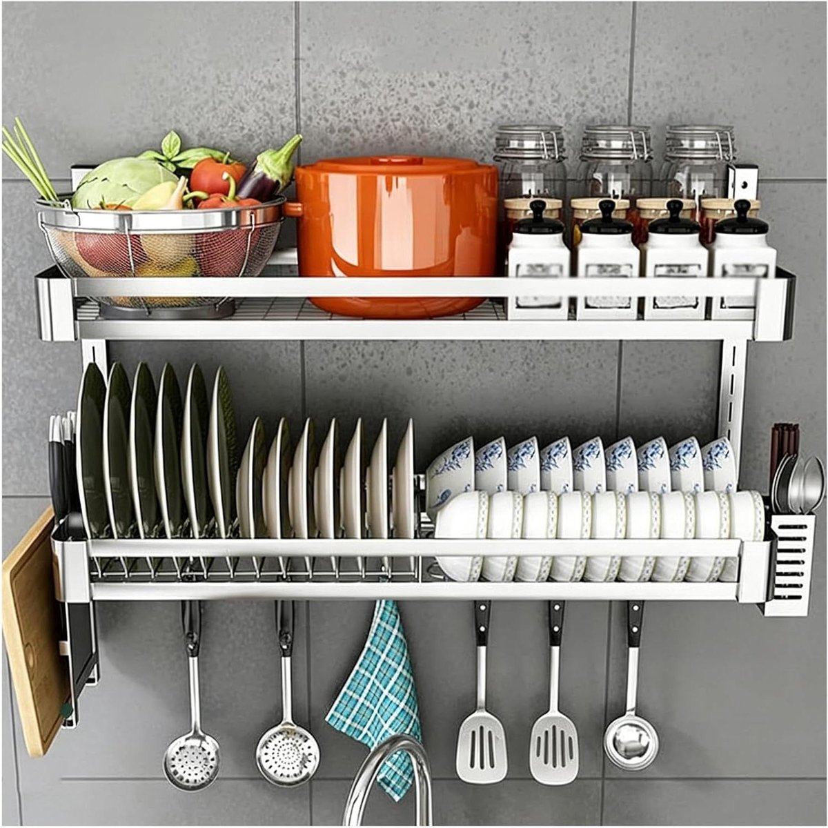 Keukenrek - Afdruiprek - Keuken organiseren - Wandmontage boven gootsteen - 80x30x445 cm - Zilver