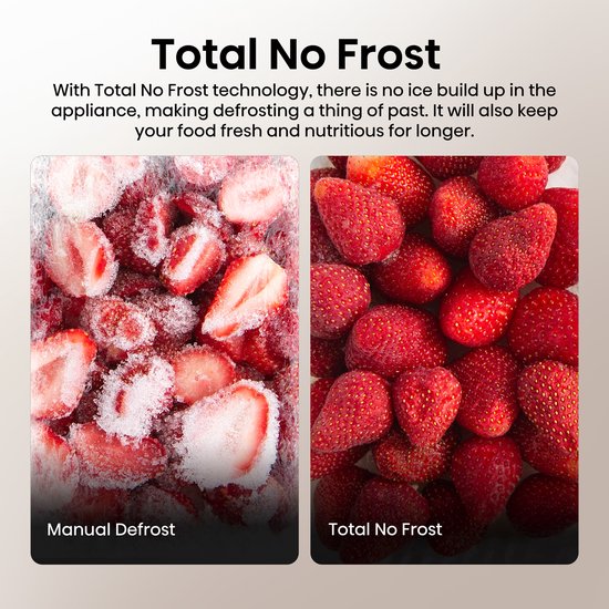 Vergelijking van aardbeien: links handmatige ontdooiing met ijs, rechts totale No Frost.