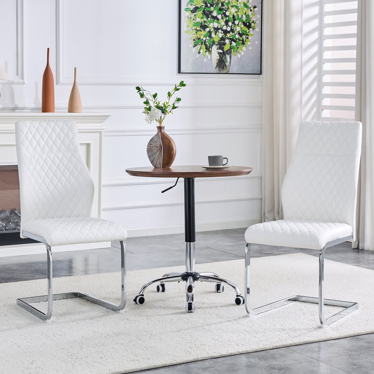 Eetkamerstoelen - Set Van 2 - Gestoffeerde eetkamerstoel - Eettafelstoel - Eetkamerstoelen - Met hoge rugleuning - PU - Antislip - Metalen stoelpoten - Modern Design - Wit, zilver