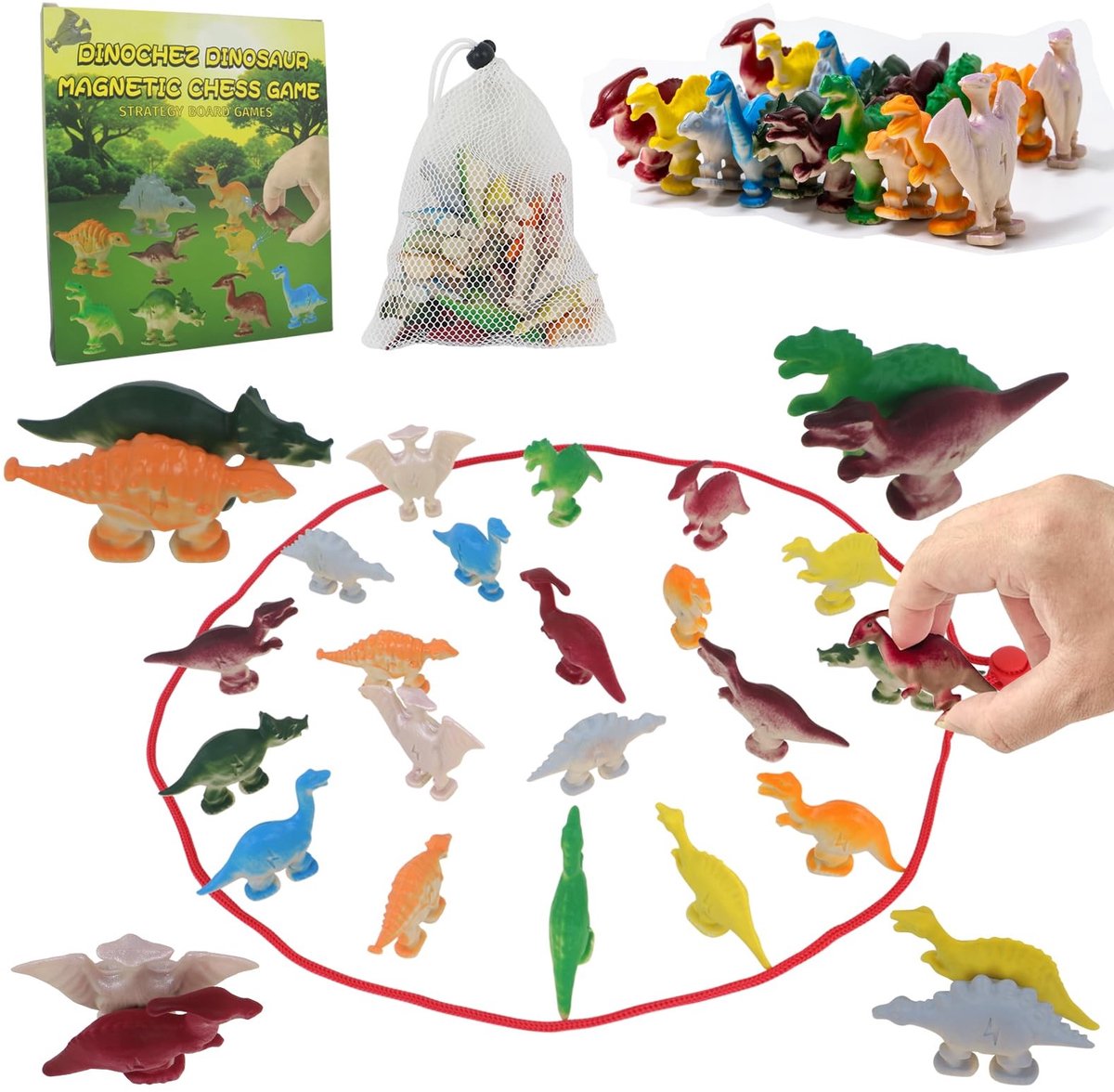 Dailygoods- Dinosaurusschaakspel - Magnetisch - Draagbaar - Bordspel voor kinderen - Strategisch spel - Opbergzakje - Verstelbaar koord