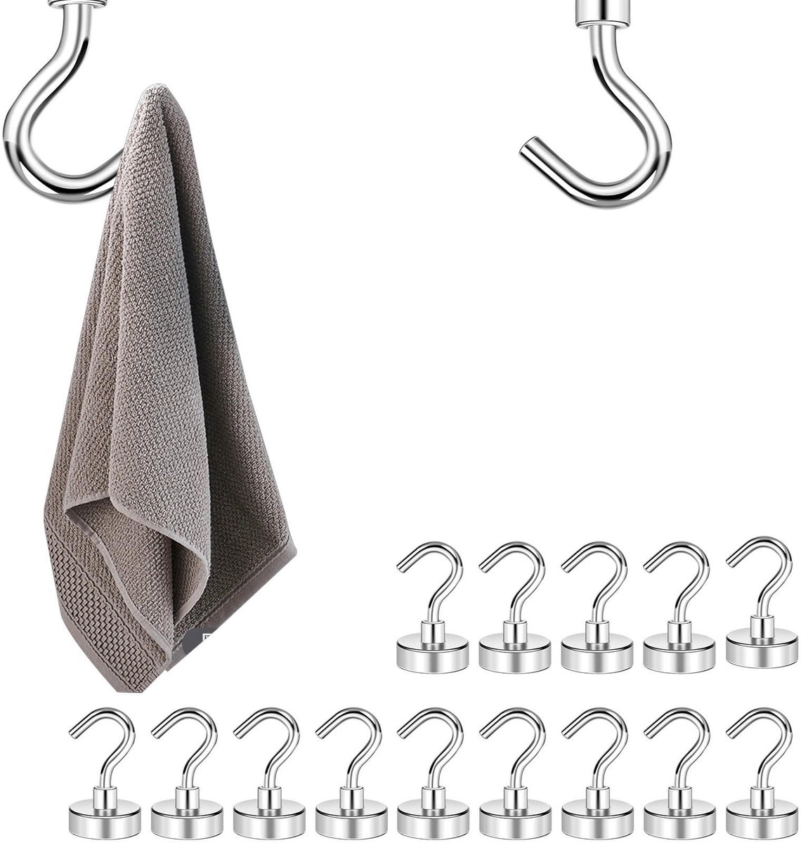 Dailygoods- Magneethaken 15 stuks - Extra Sterk - Roestvrij Staal - Draagkracht 5,5 kg - Afneembare Haak - Zilver - Magnetische Haken
