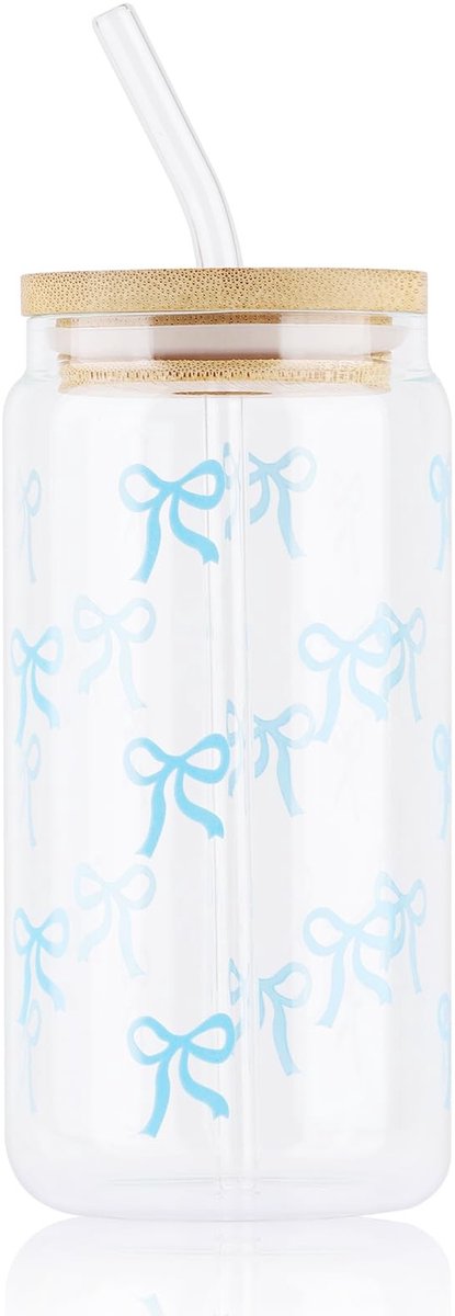 Dailygoods- Glazen Bekerset 16 oz - Tumbler met Rietje - Houten Deksel - Transparante Koffiekopjes - Esthetische Geschenken - Schattig Ontwerp