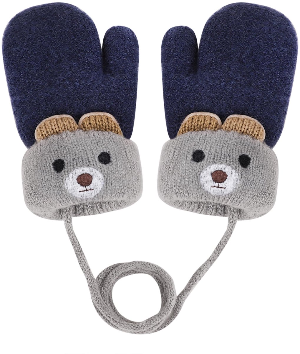 Dailygoods- Babywanten warme gebreide handschoenen - winterhandschoenen 0-3 jaar - fleecevoering - schattige beer - duurzame wanten - koord voor bevestiging