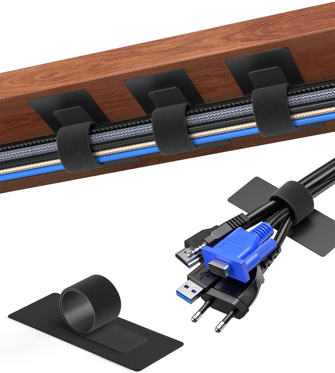 Dailygoods - Kabelmanagement - Afneembaar en zelfklevend - Zwart - Kabelbinder - Voor bureau en thuiswerkplek - Inclusief reservebinders
