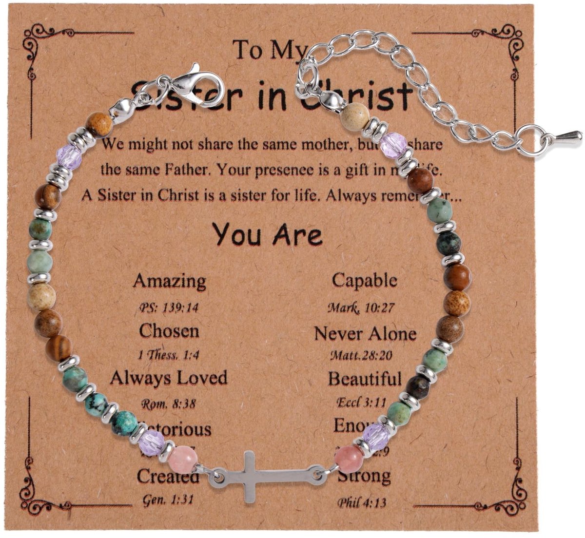 Dailygoods- Kruisarmband Turquoise - Sieraden voor Vrouwen - Christelijke Geschenken - Metalen Kralen - 25,5 cm Lang - Inclusief Kaart - Sieraad