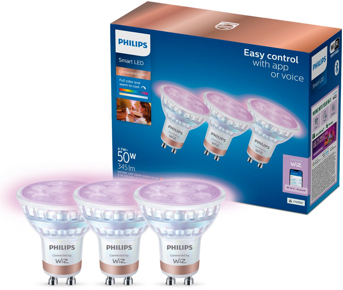 Philips Smart Lighting - Spot 3-pack - Slimme LED Verlichting - Gekleurd en Wit Licht - GU10 - 50W - Wi-Fi
