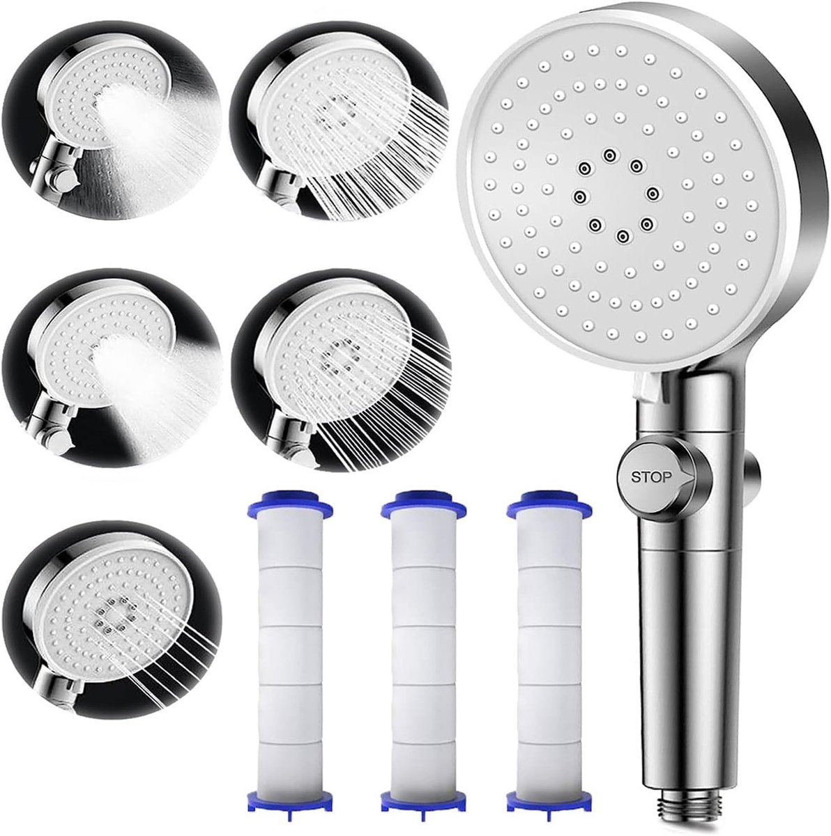 Dailygoods- Douchekop Antikalk met Filter - Waterbesparend - Hoge Druk - Handdouche met Stopknop - 5 Straalsoorten - Vervangbaar PP-katoenen Filter