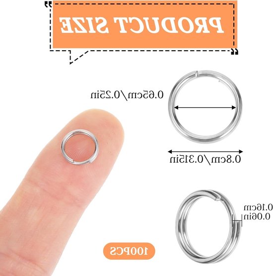 Set van 100 Kleine Sleutelhangers, Dubbele Lussen RVS Splitringen voor Sieraden, Oorbellen, Kettingen en Ambachten (8mm) — afbeelding 5