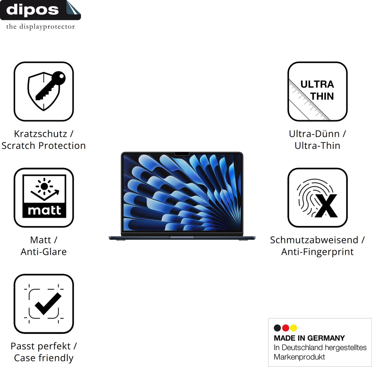 dipos – 2x Matte Beschermfolie geschikt voor Apple MacBook Air M3 13.6 Zoll 2024 | Krasbestendige & antireflecterende Screenprotector Ultra-Thin