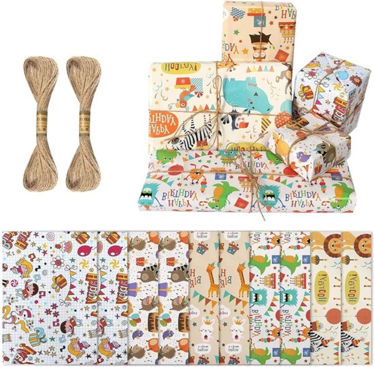 Cadeaupapier met kleurrijke dieren, 10 vellen, 70 x 50 cm, kinderverpakkingen, henneptouwen, doe-het-zelf cadeaupapier, verjaardagscadeau, Kerstmis