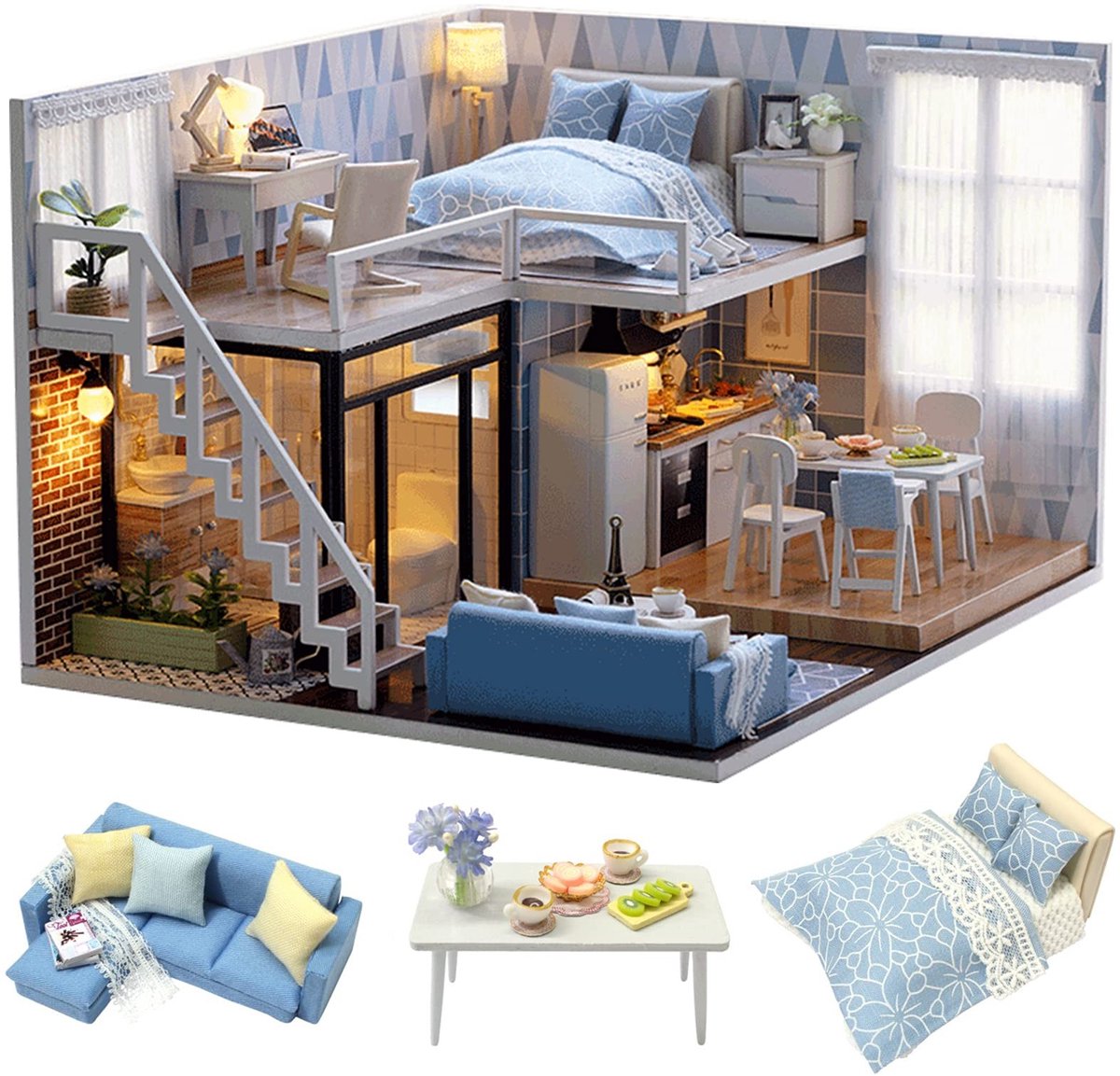 Solidchoice - Miniatuur Poppenhuis Set met Meubels en LED Verlichting
