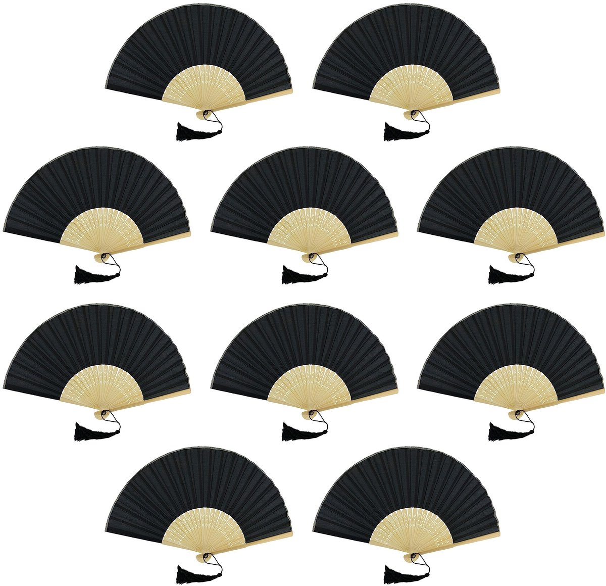 Solidchoice - Set van 10 Handfans met Bamboe Ribben Zwart