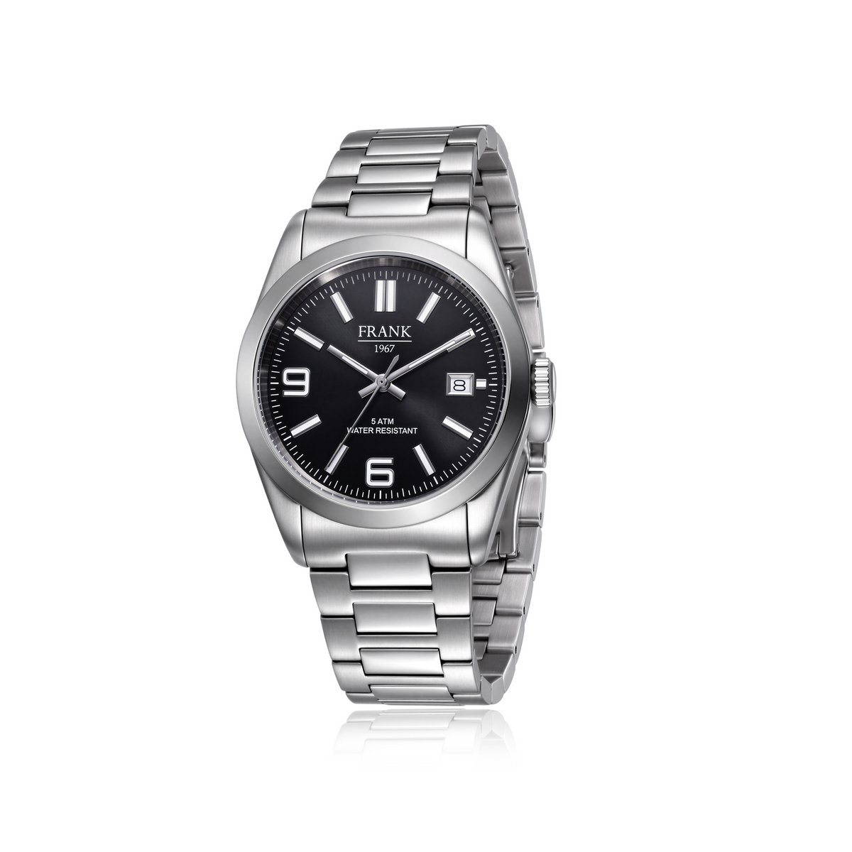Frank 1967 7FW-0033 – Heren Horloge – Zwarte Sunray Wijzerplaat – RVS Schakelband – 36 mm – 5 ATM Waterbestendig – Cadeau voor Mannen