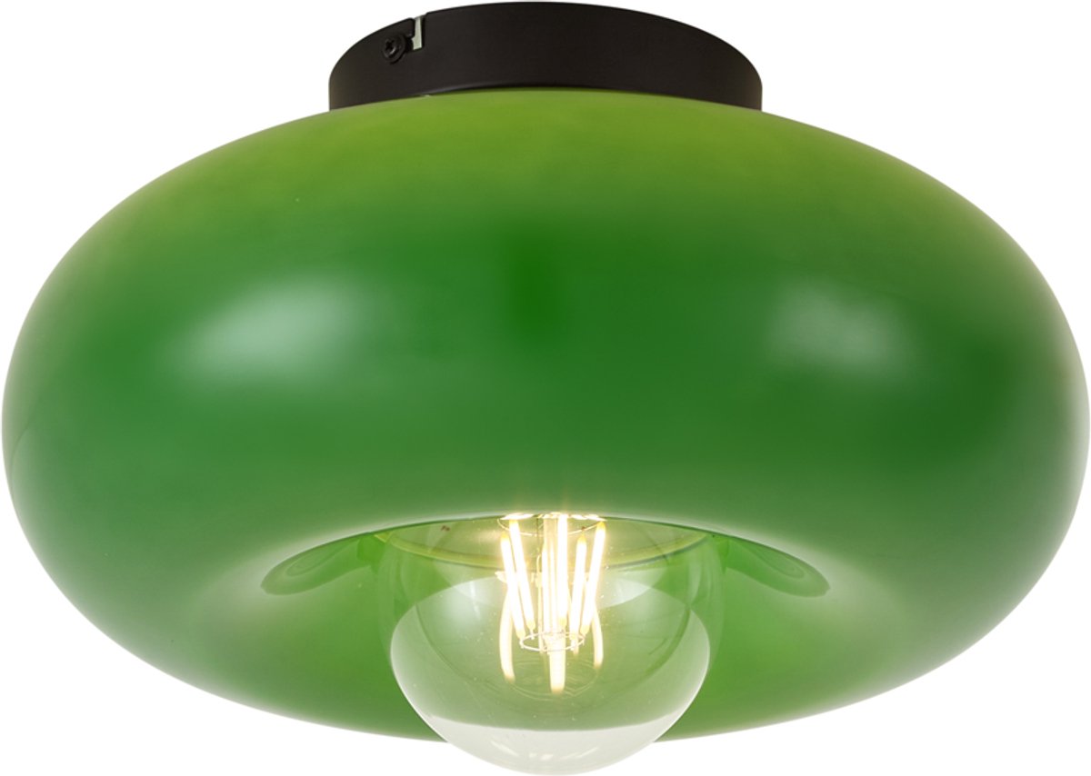 Qazqa retro plafondlamp, plafonniere - Glaze - groen, rond, 30cm, ideaal als hal, slaapkamer en woonkamer lamp