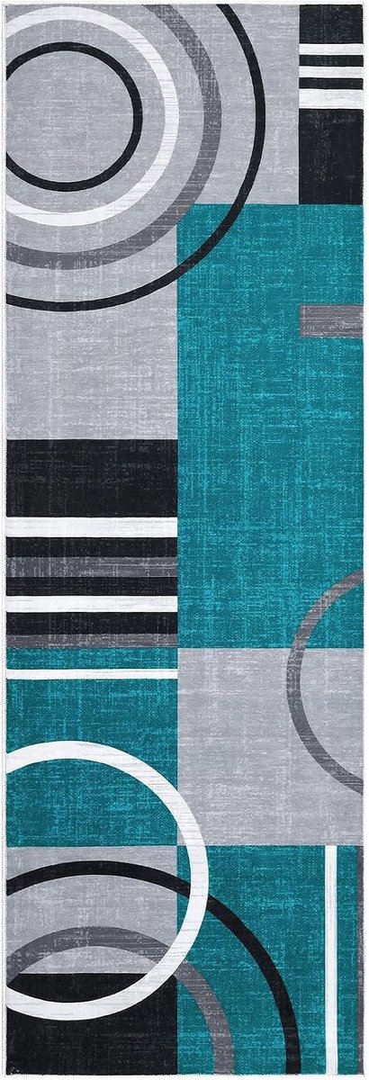 Vloerkleed geometrisch modern wasbaar antislip 60x230 cm blauwgroen voor woonkamer