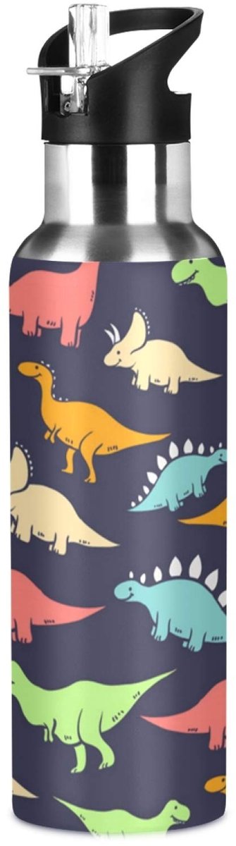 Solidchoice - Kleurrijke Dino Waterfles van Roestvrij Staal met Rietje