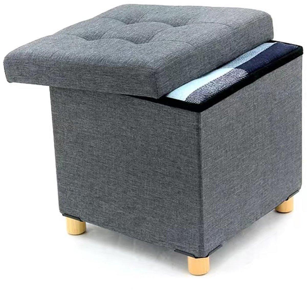 Solidchoice - Multifunctionele Houten Poef met Linnen Bekleding 38 x 38 x 38 cm