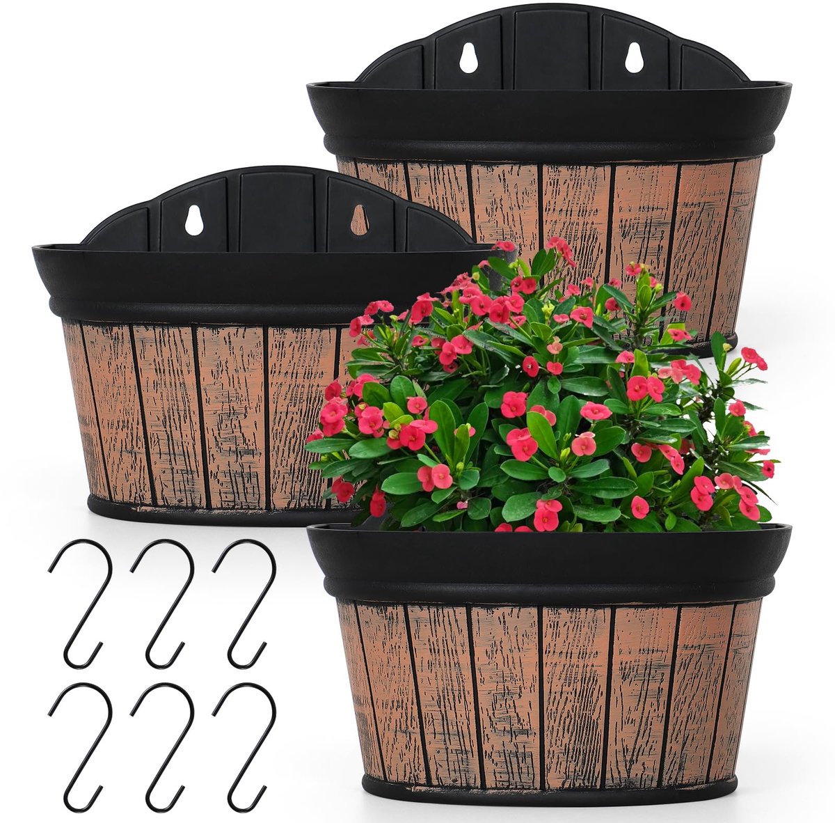Famanu – Set van 3 wandvazen in distressed eiken look, verdikte kunststof bloempotten voor binnen en buiten, ideaal voor het ophangen van planten en bloemen in je huis of tuin
