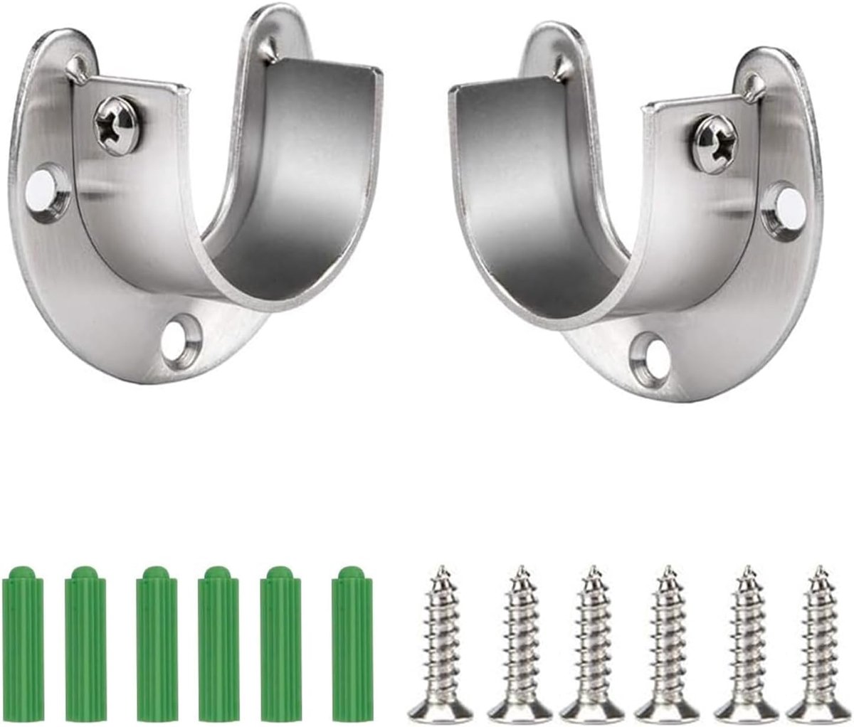 2 stuks zilveren ronde buishouder, roestvrij stalen kledingstanghouder, 32 mm, Kledingstangen houder kast, met schroeven voor kledingkasthouder, gordijnstang, kledingstang