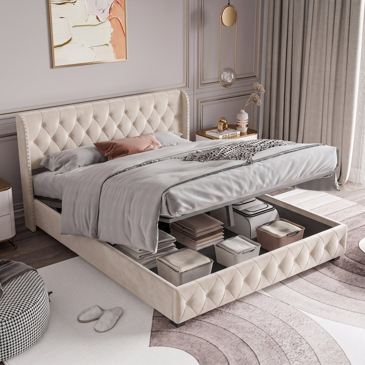 Opbergbed 140x190 cm, Tweepersoonsbed met opbergruimte, Gestoffeerd hoofdbord, bedframe 140x190 met lattenbodem, voor tieners en volwassenen, fluweel Beige