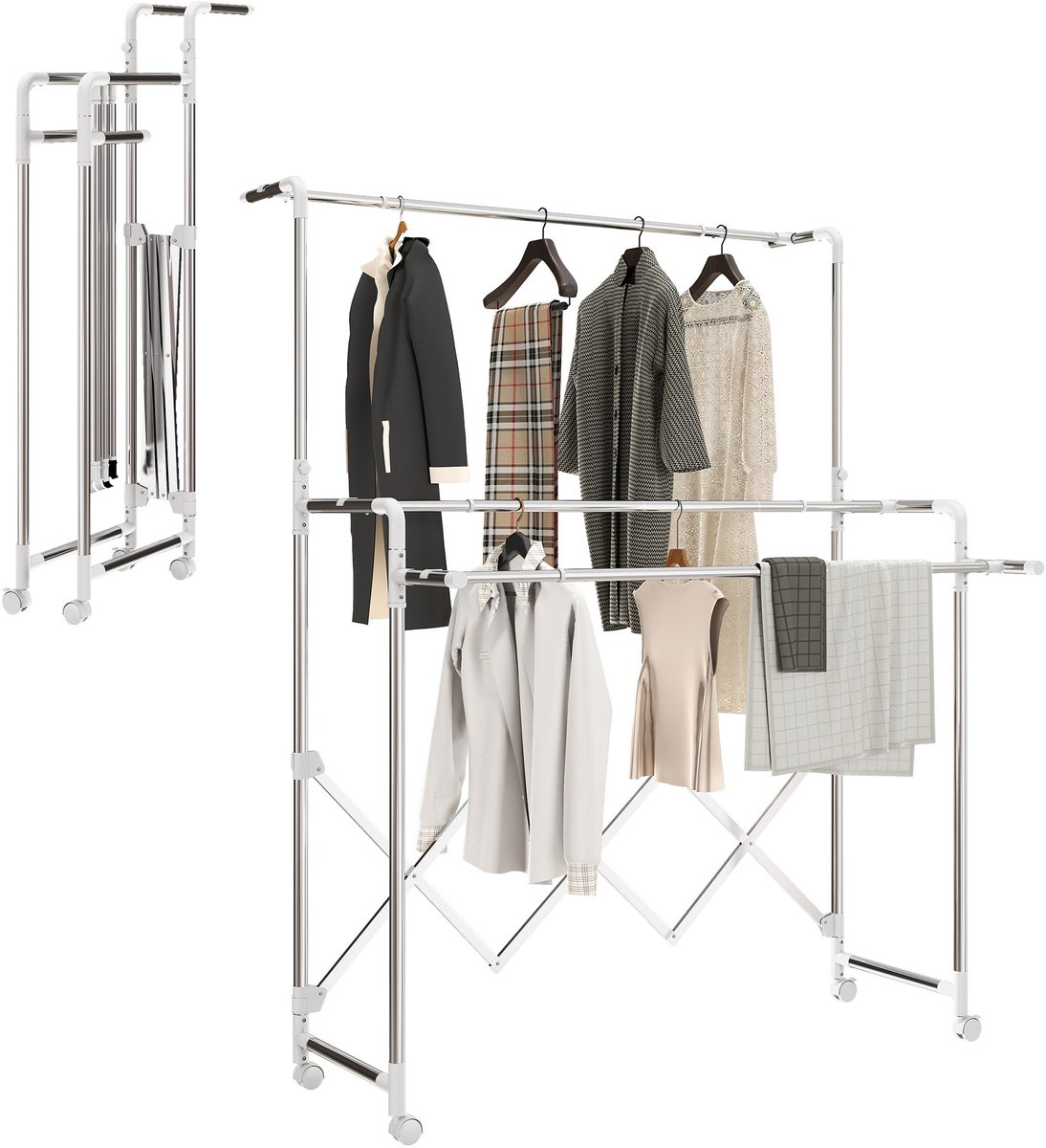 HOMCOM Wasdroogrek - Roestvrij staal - 150x103x197cm - Zilver