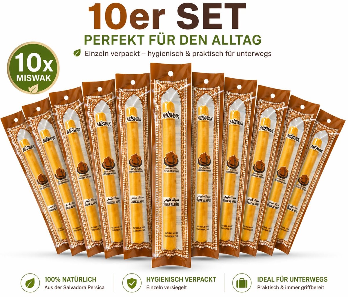 Miswak Siwak Sticks – 100% Natuurlijk – Set van 10 – Zachte Vezels – Biologisch Afbreekbaar