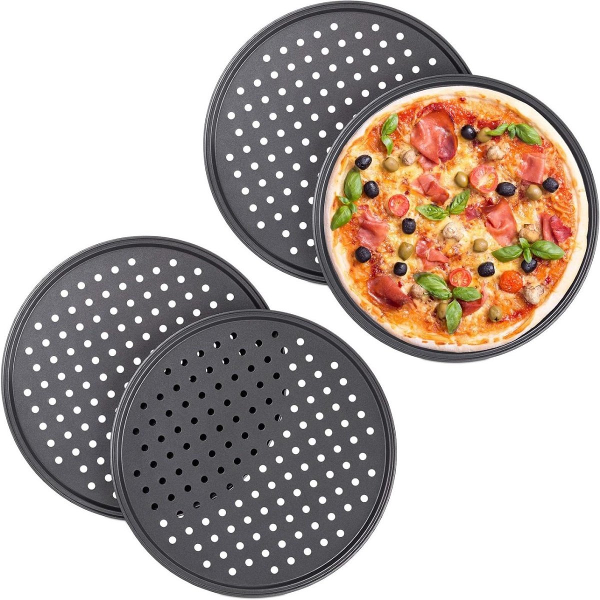 GELLDG 4 Stuks Pizza Bakplaten - Rond en Perforé - ∅32cm - Anti-aanbaklaag - Geschikt voor Tarte Flambée en Pizza - Metaal
